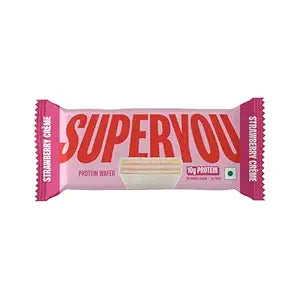SuperYou Strawberry Protein Wafer Bars (Pack of 1)|10g Protein, 3g Fiber, No Added Sugar|Yeast Fermented Protein|Energy Bars|Crunchy Wafer Bar|100% Vegetarian|No Palm Oil|40g