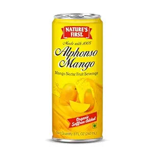 Nature's First Alphonso Mango Juice (Pack of 6 x 240ml can) with Saffron, All Natural Fruit Drink, Source of Vitamin C, Rich in Fiber