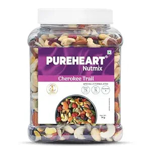 Pureheart Cherokee Premium Trail Mix | An Eclectic Mix of 8 Healthy Superfoods Nuts- Cashews, Almonds, Pistachio | Dry Fruits - Cranberries, Raisins | Seeds - Pumpkin, Sunflower | Reusable Jar (1000g)