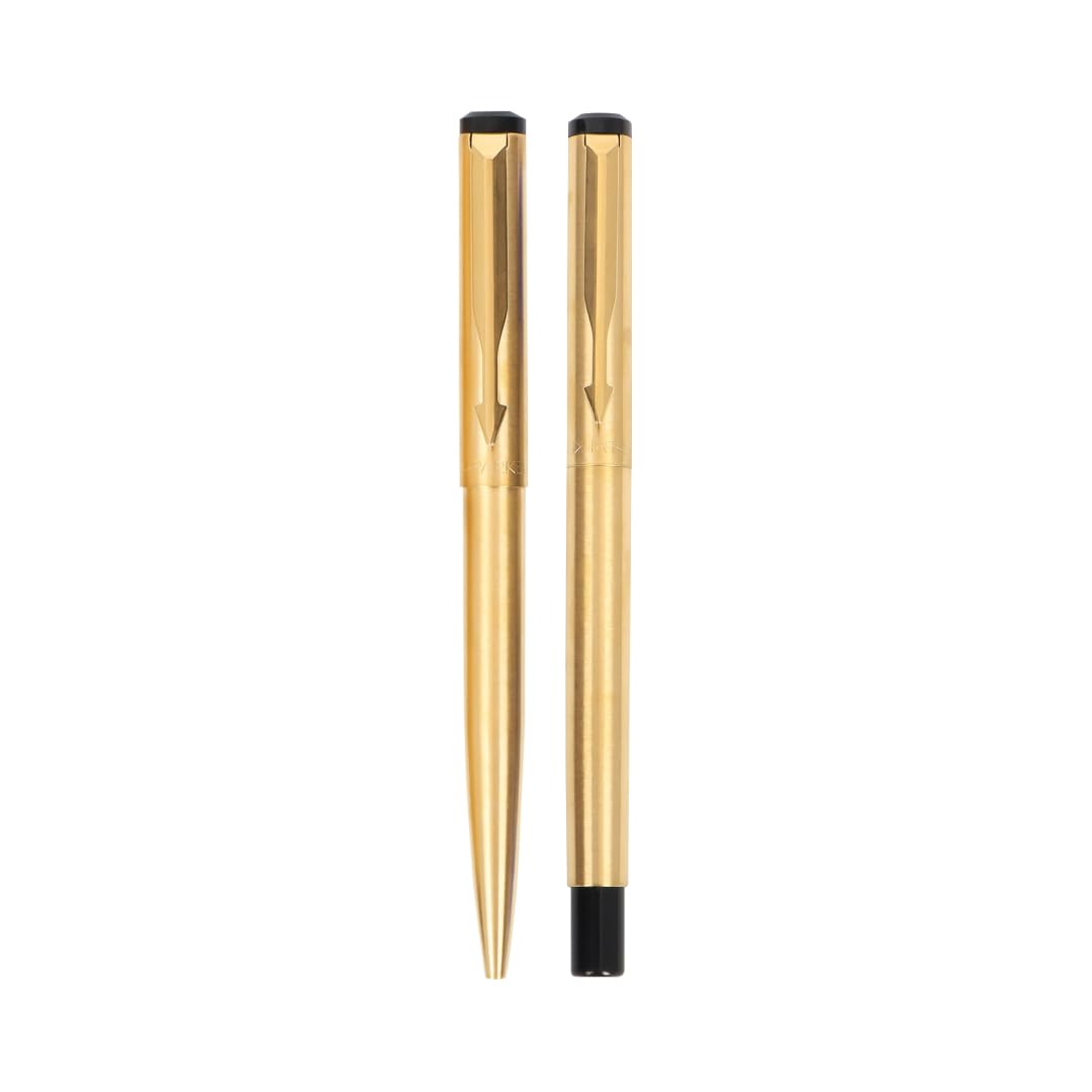 Parker Vector Gold Trim Roller Ball Pen and Ball Pen Luxury Gift Set, Blue Ink