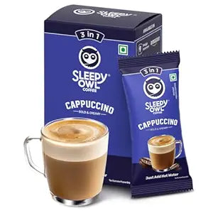 Sleepy Owl Cappuccino Instant Coffee Premix Sachets | 3 in 1 Coffee Sachet | Frothy & Creamy Cafe-Style Coffee at Home | All in One Premix Coffee Sachet Just Add Hot Water | 100g (5 Sachets x 20g)