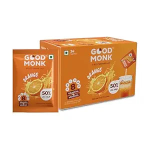 Good Monk Fruit Drink Mix (Natural Orange Powder), 50% Less Sugar with 8 Vitamins & Minerals (Vitamin B12, C, D, Iron & more) | Tasty, Healthy & Tangy Drink Mix for Hydration, Energy, Immunity, 24 Sachets