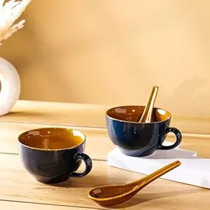 Ceramic Soup Bowl Set with Spoons Handle Soup Bowls Coffee Mugs Perfect for Soup, Curry, Desserts 300 ml (Blue Mustard, Pack of 2)