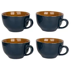 CHEENI MAATI Ceramic Soup Bowl Set with Spoons Handle Soup Bowls Coffee Mugs Perfect for Soup, Curry, Desserts 300 ml (Blue Mustard, Pack of 4)