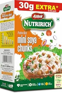 ASHOK NUTRIRICH Mini Soya Chunks 230 grams 115 grams+Protein | 99% Fat Free |Cholesterol Free | Vegan Friendly | High Fiber (Mini Soya Chunks 230 grams Pack of 1)
