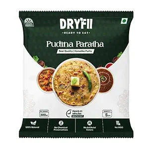 Dryfii Pudina Paratha – Frozen Indian Mint Flatbread, Ready-to-Cook Whole Wheat Paratha, Traditional Indian Breakfast & Snack – Pack of 1 (5 Pieces, 300g)