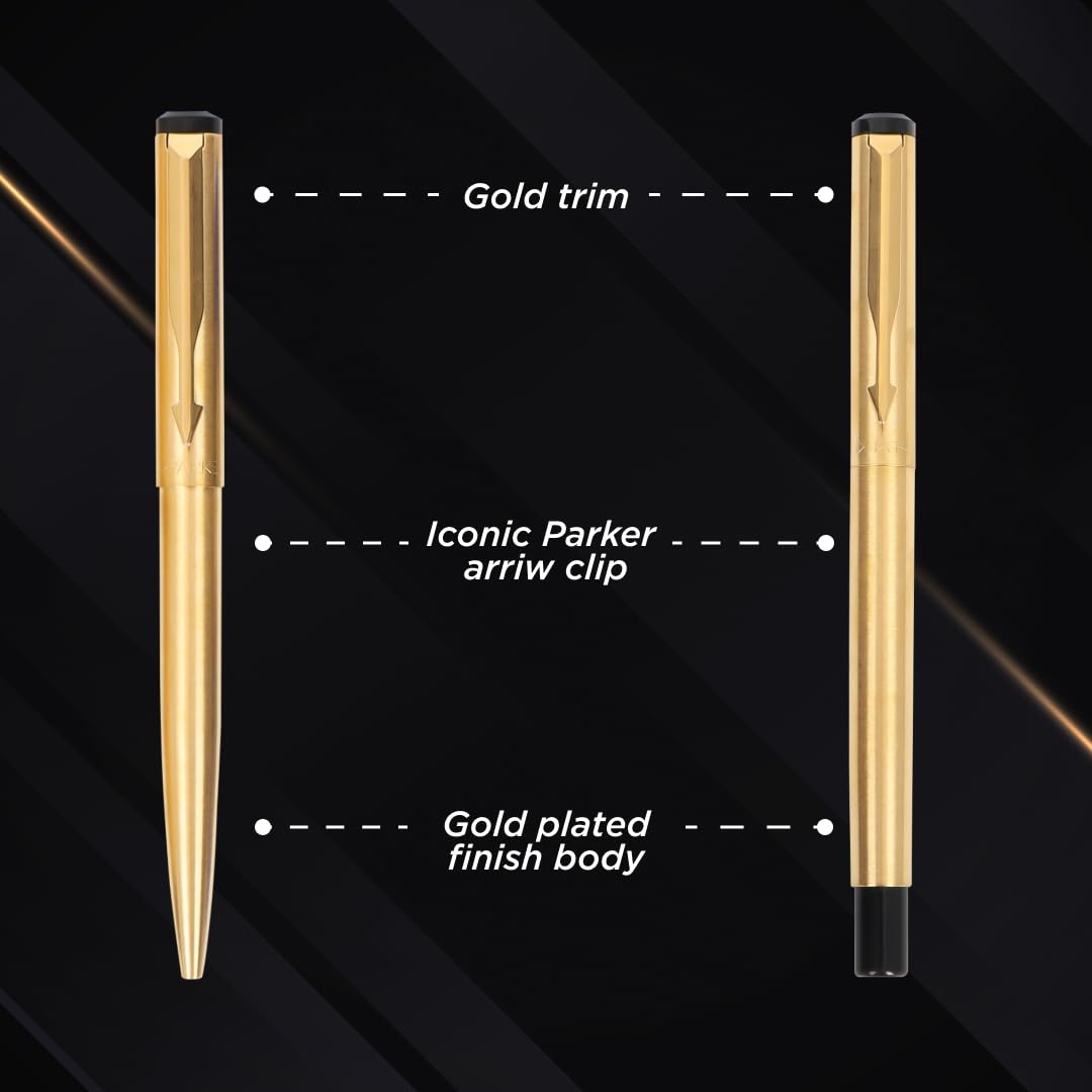 Parker Vector Gold Trim Roller Ball Pen and Ball Pen Luxury Gift Set, Blue Ink