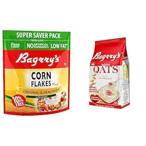 Bagrry’s Corn Flakes+ Original 800g Added Fibre Prebiotic Cereal Low Fat No Preservatives and Bagrry’s White Oats 1kg Whole Grain Instant Oats High Fibre Protein Non-GMO