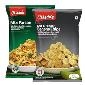 Chheda's - Salt N Pepper Banana Chips (350 Gm) and Mix Farshan (300 Gm) | Banana Wafers | Indian Namkeen | Tasty Snacks | Ready to Eat - Combo Pack