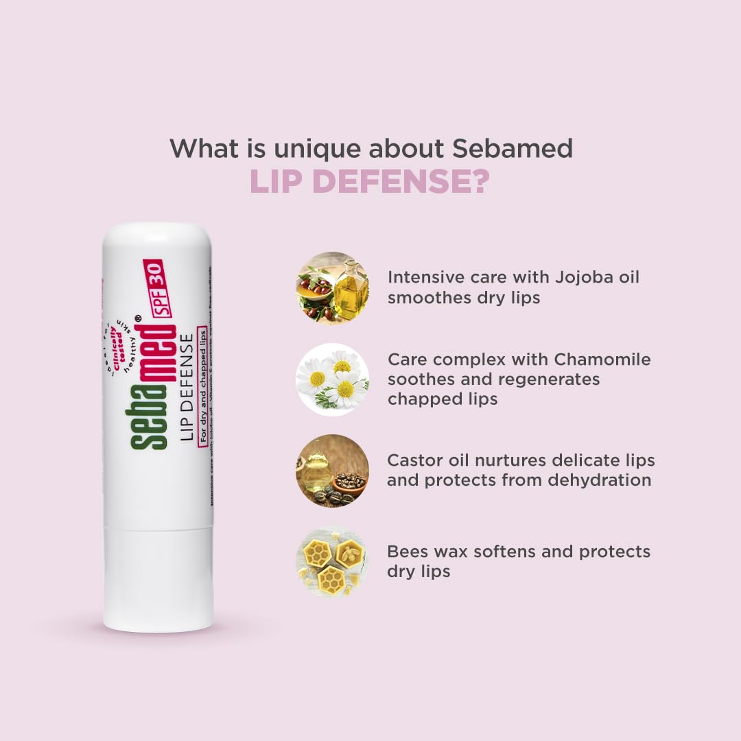 SebaMed Lip Defense Lip Balm With Spf 30 + Vit E | Regenerates Dry, Chapped Lips | Intensive Care With Vit E, Jojoba Oil & Chamomile |Clinically Tested | For Men & Women, 4.8 Gm, White