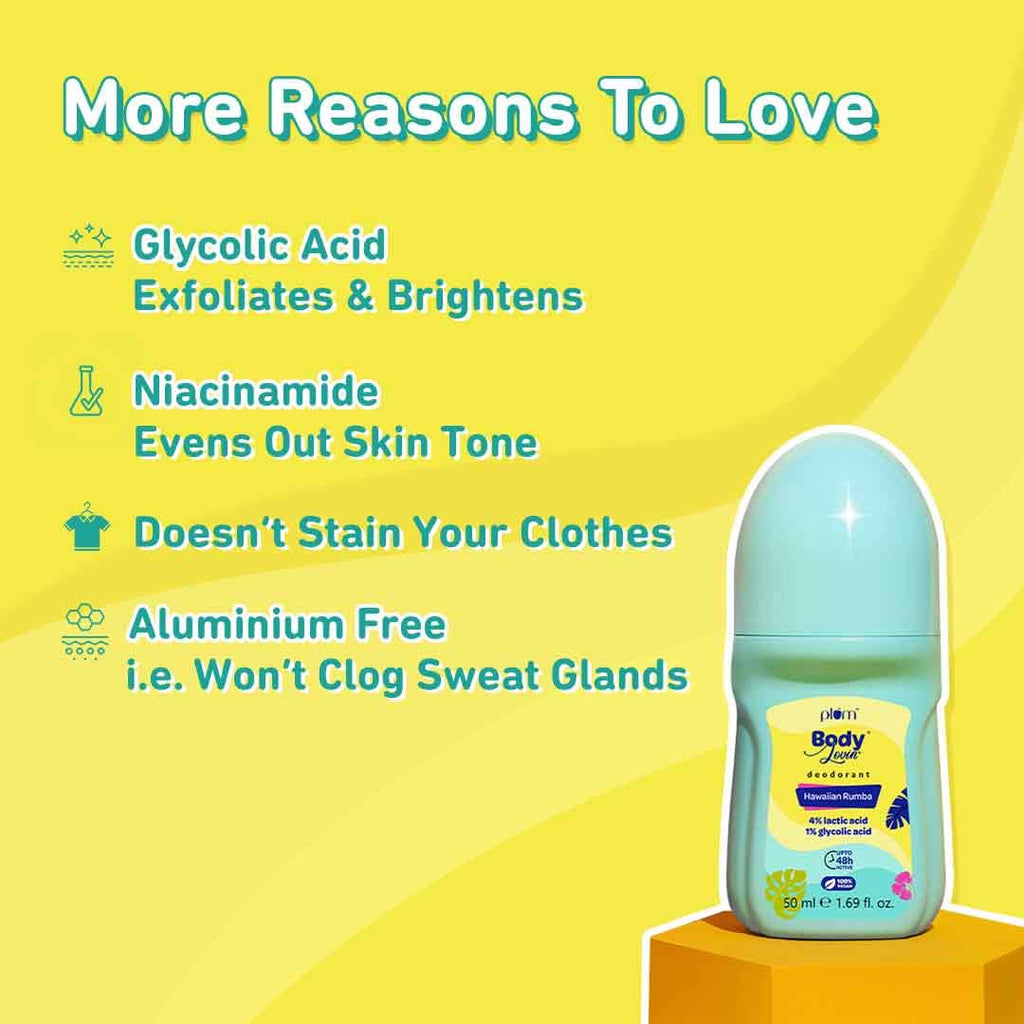 Plum Women's Bodylovin' Hawaiian Rumba Deodorant Roll On | 4% Lactic Acid & 1% Glycolic Acid | Controls Odor & Fades Underarm Darkness | 48 Hr Freshness | Fresh Beachy Fragrance|Aluminium-Free(50 Ml)