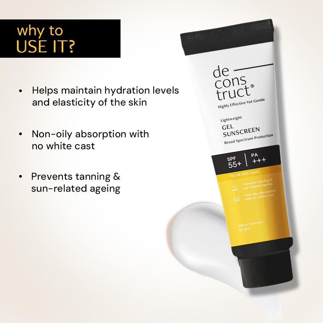 Deconstruct Face Gel Sunscreen SPF 50 + and PA+++ | Gel based sunscreen for oily, combination skin, normal skin | Broad spectrum sunscreen, No White Cast, Lightweight (30 g Pack of 1)