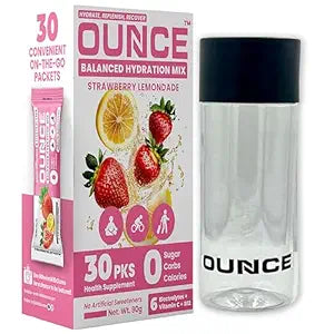 Ounce Energy Drink - Keto Electrolytes Powder Sugar Free - 30 Strawberry Lemonade Hydration Powder Drink Mix Sachet with 6 Electrolyte Powder, Zero Calorie : (Na, Mg, Ca, K, P, Cl) & Vitamins B12 & C