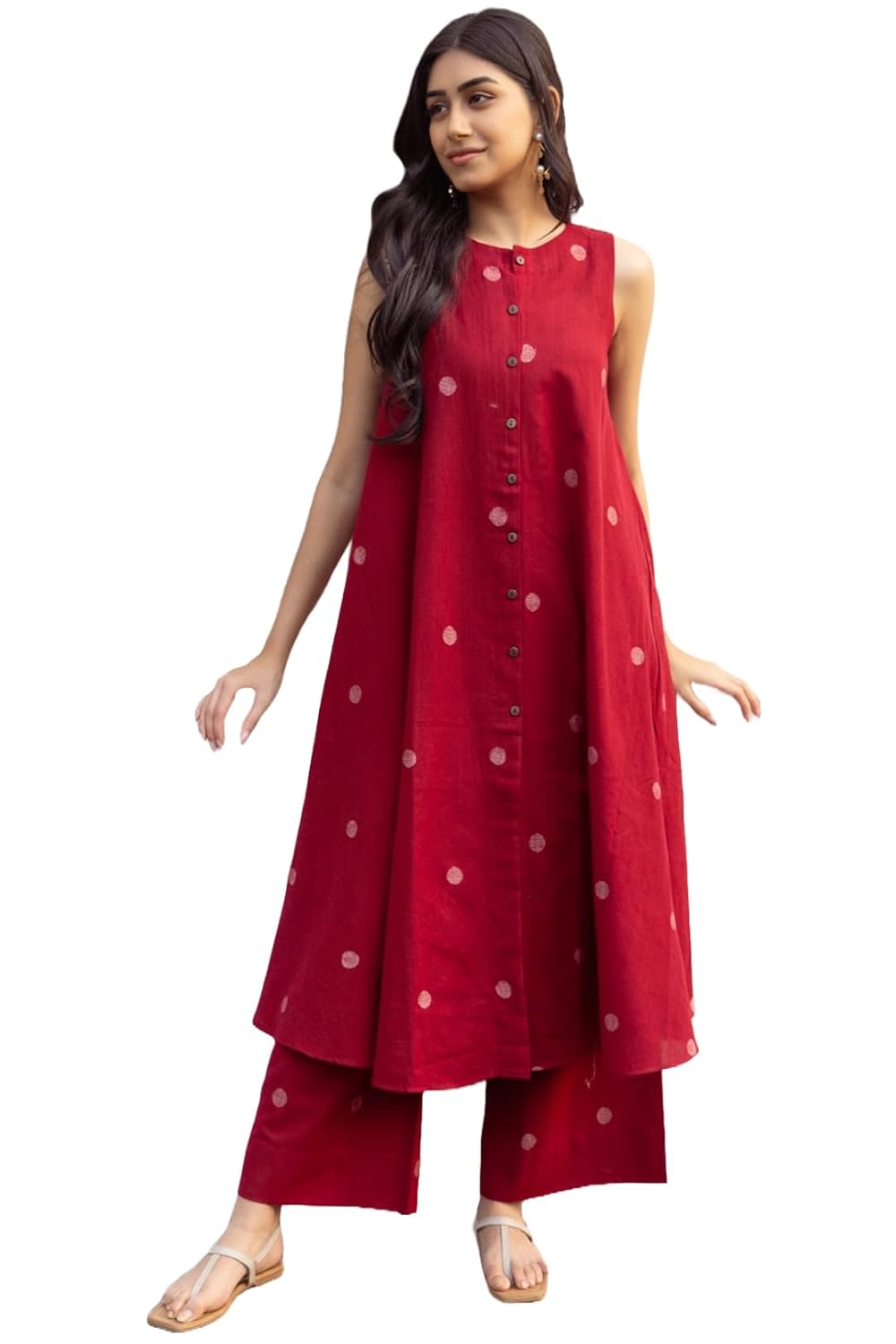 ANNI DESIGNER Women's Cotton Printed Maroon Hand-Print Kurta Set|A-Line Kurta With Palazzo|Co-Ord Set|Ethnic & Stylish Two Piece Dress|Casual & Office Wear Coord Set