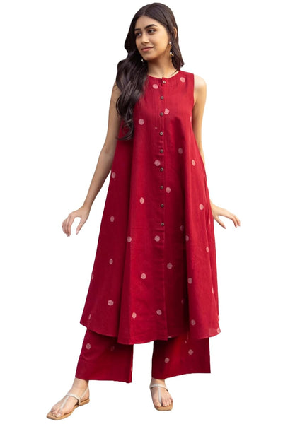 ANNI DESIGNER Women's Cotton Printed Maroon Hand-Print Kurta Set|A-Line Kurta With Palazzo|Co-Ord Set|Ethnic & Stylish Two Piece Dress|Casual & Office Wear Coord Set