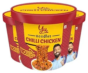 Yu Foodlabs Cup Noodles - Chilli Chicken Spicy Non Veg Ramen Noodles - Pack of 3 - No Preservatives - Instant Food - 100% Natural - Ready to Eat Saucy Instant Noodles - 675 grams