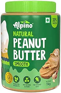 ALPINO Natural Peanut Butter Smooth 1kg – Unsweetened, 100% Roasted Peanuts - 30% Protein, Source of Healthy Fats, No Added Sugar & Salt