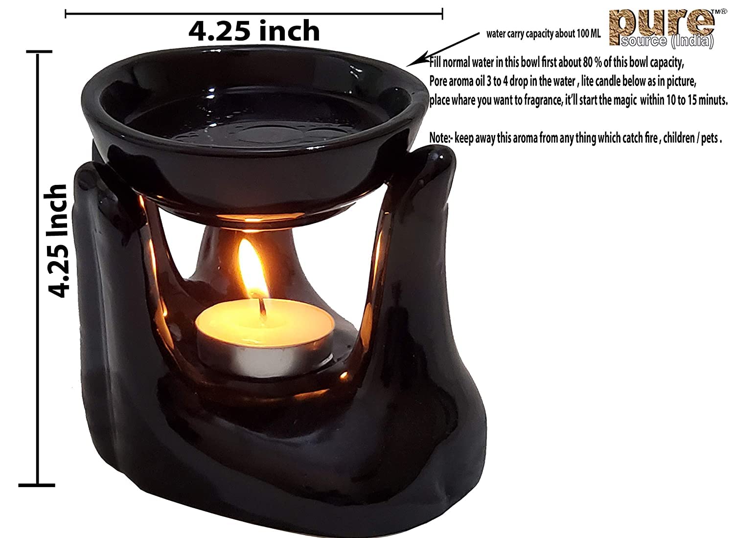 Pure Source India Ceramic Hand Type Aroma Diffuser Oil Burner with Lemon Grass & Rose Oil 10ml Each (Black)