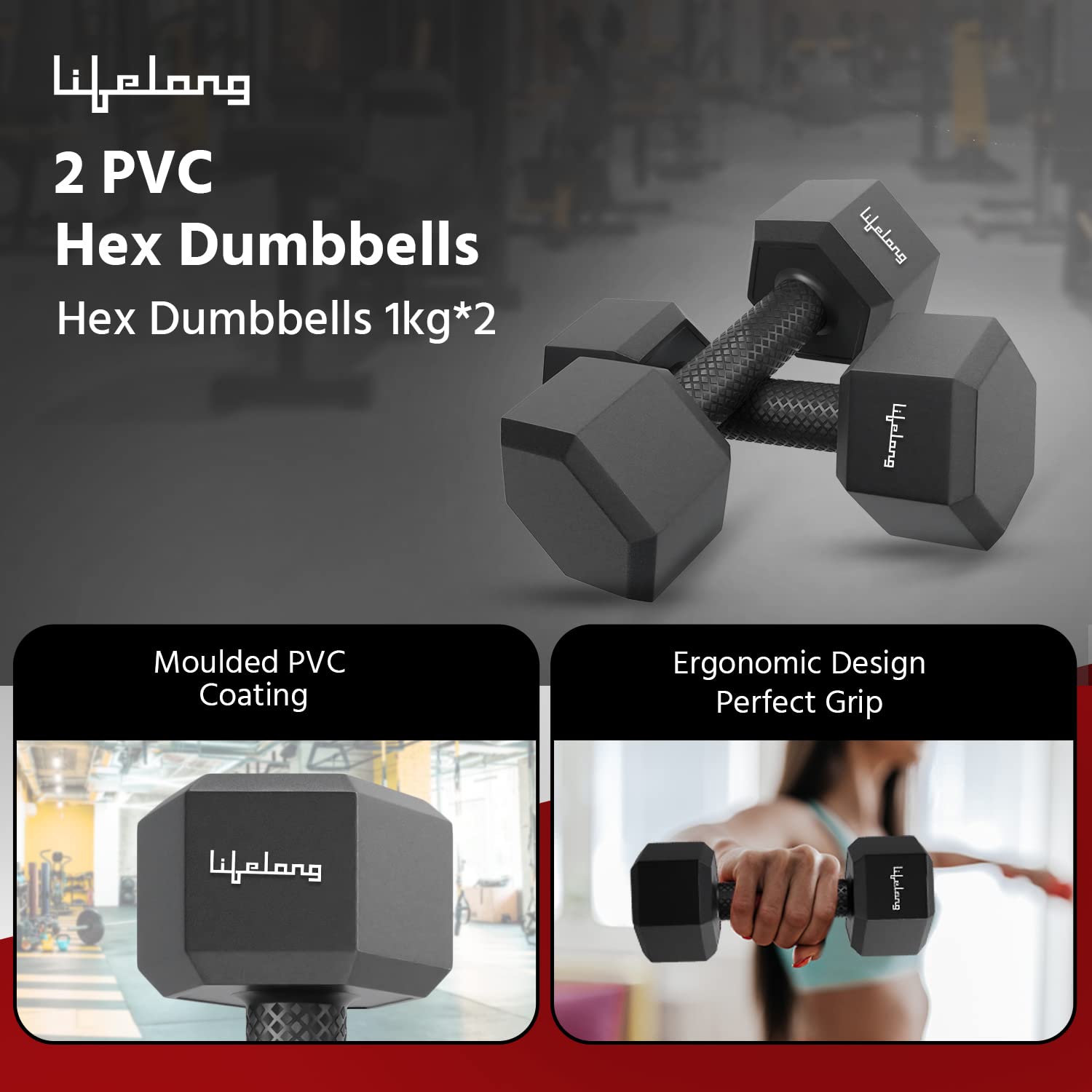 Lifelong PVC Hex Fixed Dumbbells Pack of 2 (1kg*2) Black Color for Home Gym Equipment Fitness Barbell|Gym Exercise|Home Workout, Gym | Weights for Men & Women (6 Months Warranty)