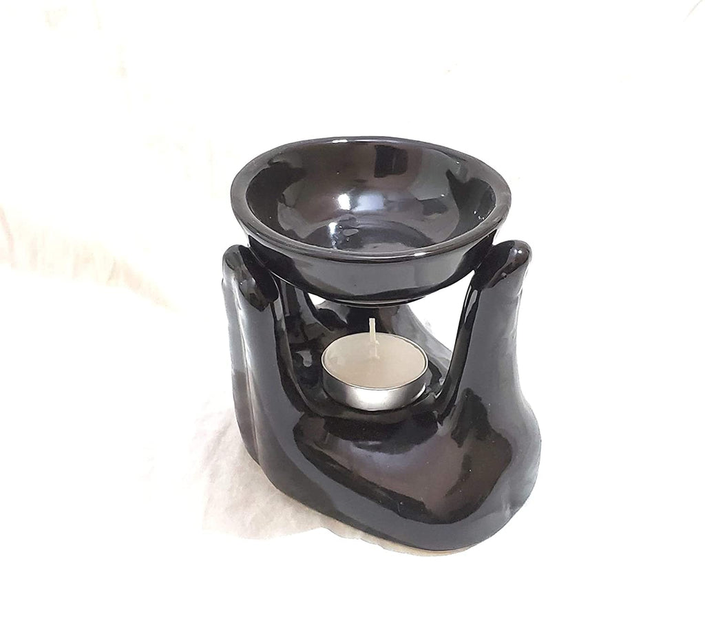 Pure Source India Ceramic Hand Type Aroma Diffuser Oil Burner with Lemon Grass & Rose Oil 10ml Each (Black)
