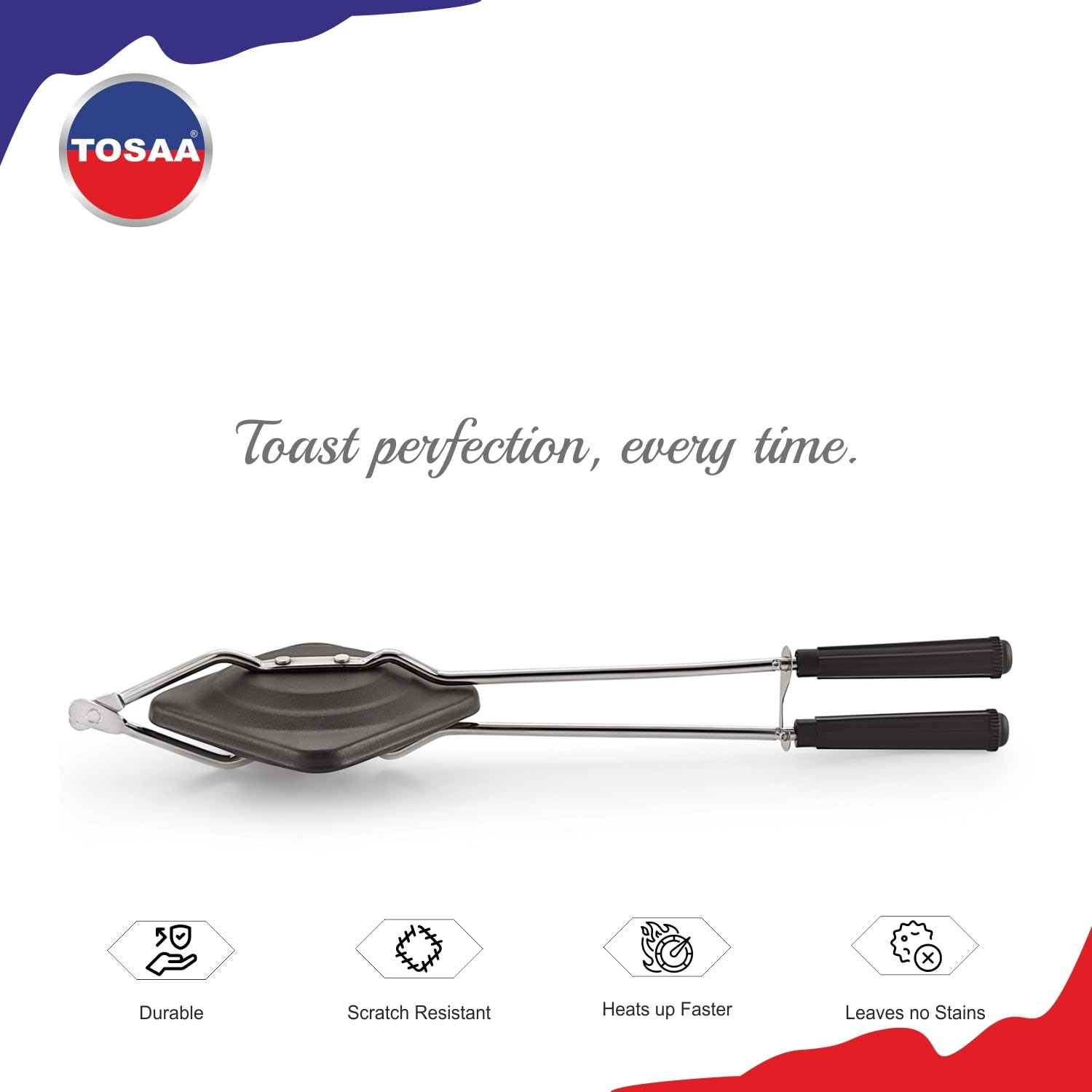 Tosaa T2STSR Sandwich Gas Non-Stick Aluminium | Compatibility with Gas Stoves | Flame-Proof Design | Heat-Resistant Handle | Sandwich Maker | Black