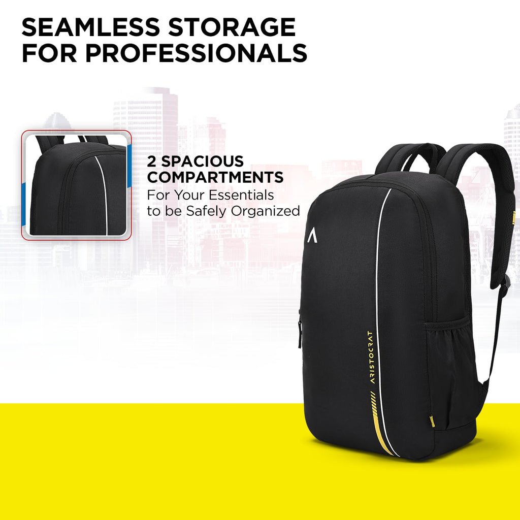 Aristocrat Nova 15L Laptop Backpack for Men & Women with Bottle Pocket | Padded Shoulder Straps, Multi Compartments | Travel & College Bag | Dark Black