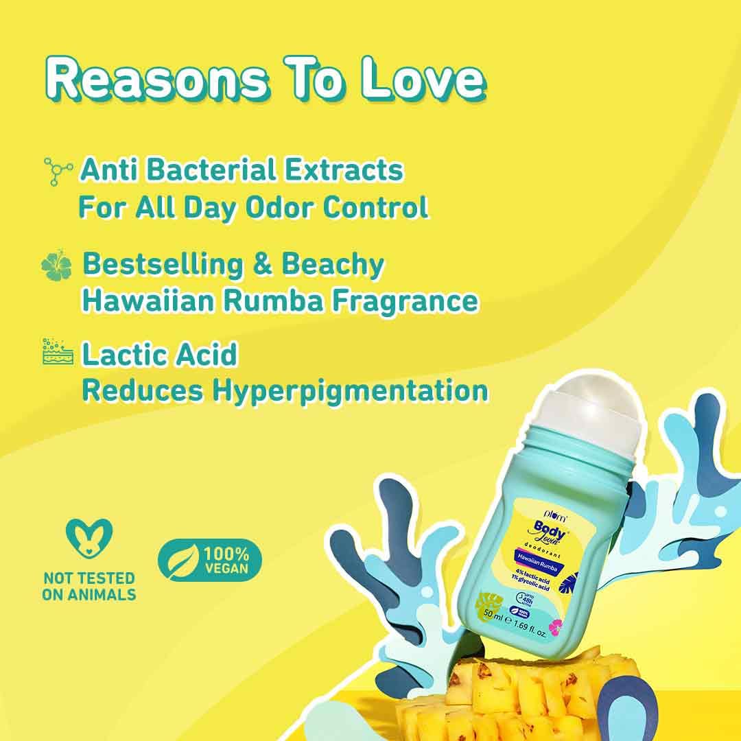 Plum Women's Bodylovin' Hawaiian Rumba Deodorant Roll On | 4% Lactic Acid & 1% Glycolic Acid | Controls Odor & Fades Underarm Darkness | 48 Hr Freshness | Fresh Beachy Fragrance|Aluminium-Free(50 Ml)