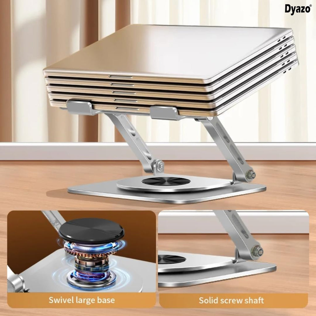 Dyazo Laptop Stand Foldable Height Angle Adjustable Laptop Riser for Desk Compatible for MacBook, Lenovo, Dell Notebook up to 15.6 Inches 360 Rotating Base (Silver)