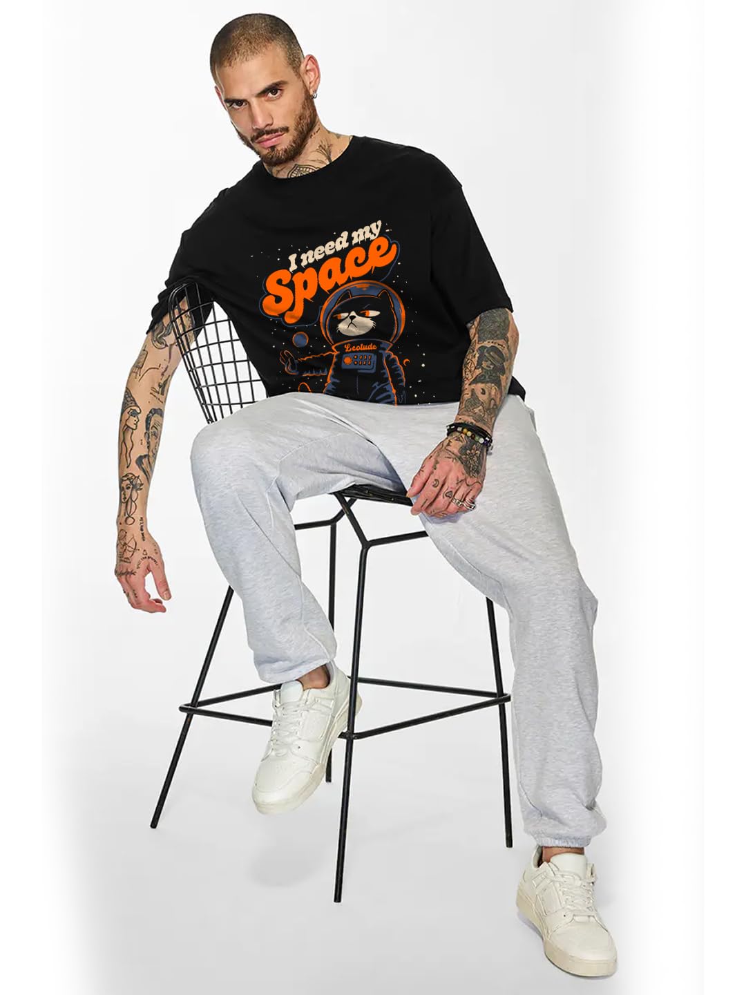 LEOTUDE Half Sleeve Oversized Cottonblend Round Neck Drop Shoulder Printed Men's T-Shirt (Color Black)