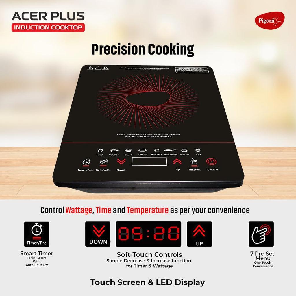 Pigeon By Stovekraft 14429 Acer Plus 1800 Watt Induction Cooktop with Feather Touch Control, Induction Stove comes with 8 Preset Menus and Auto-Shut Off features (Black)