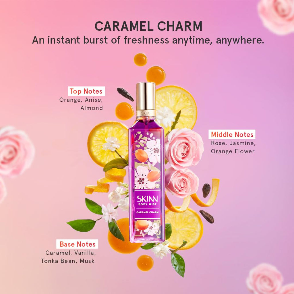 SKINN by Titan Caramel Charm Long-lasting Body Mist for Her/Women- 230 mL Body Mist for Women | Fragrance for Women | For Daily Use | Premium Fragrance | Women's Perfume | Gift for women