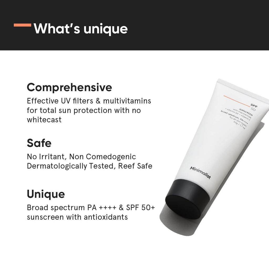 Minimalist Sunscreen SPF 50 PA++++ | Clinically Tested in US (In-Vivo) | Lightweight Cream with Multi-Vitamins | No White Cast | Broad Spectrum Niacinamide Sunscreen For Oily Skin, Dry Skin | For Women & Men | 50g