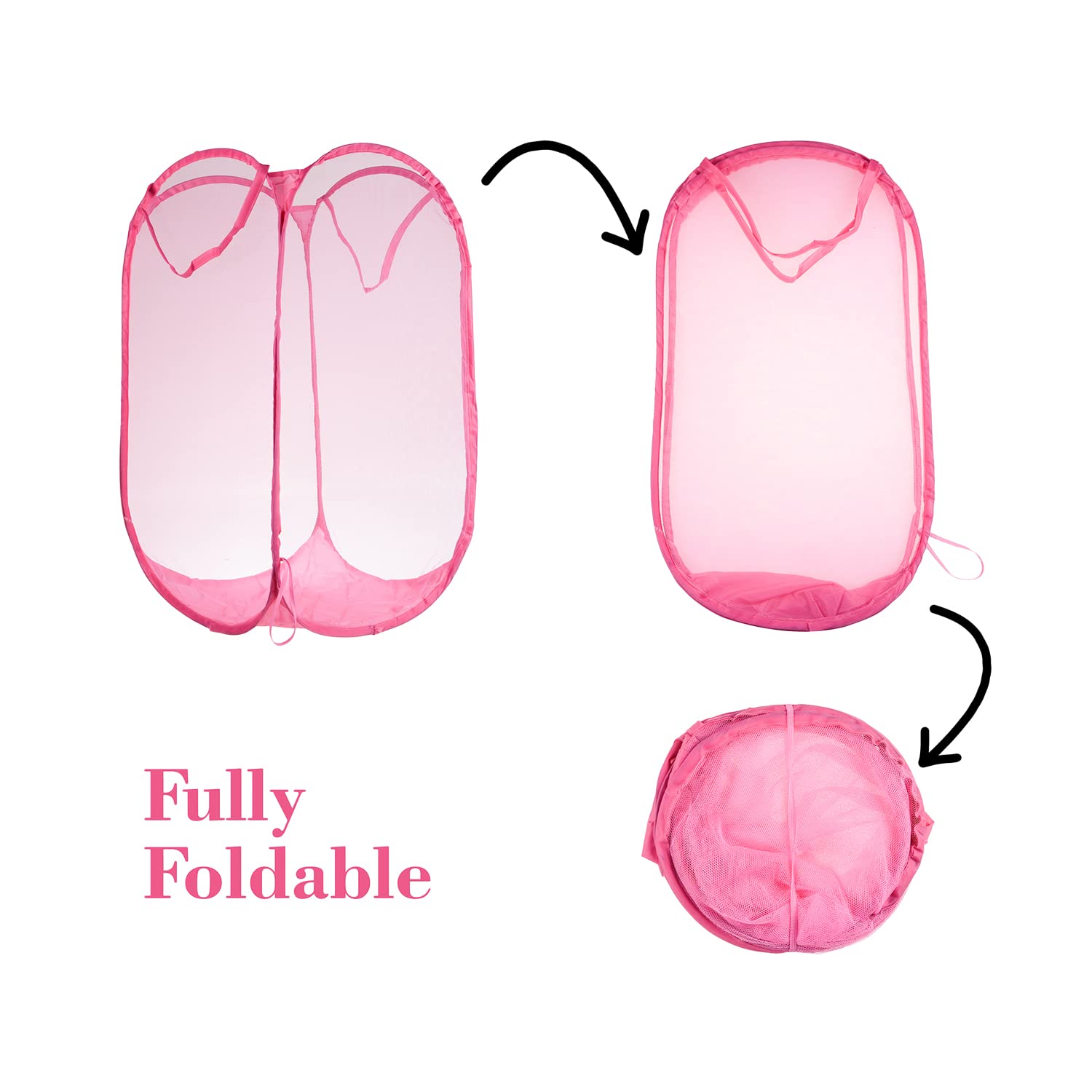 Kuber Industries Laundry Basket | Net Foldable Laundry | Nylon Storage Basket with Handle | Clothes Basket for Home | Hostel | Toy Storage | 20 Liter | Pack of 2 | Pink