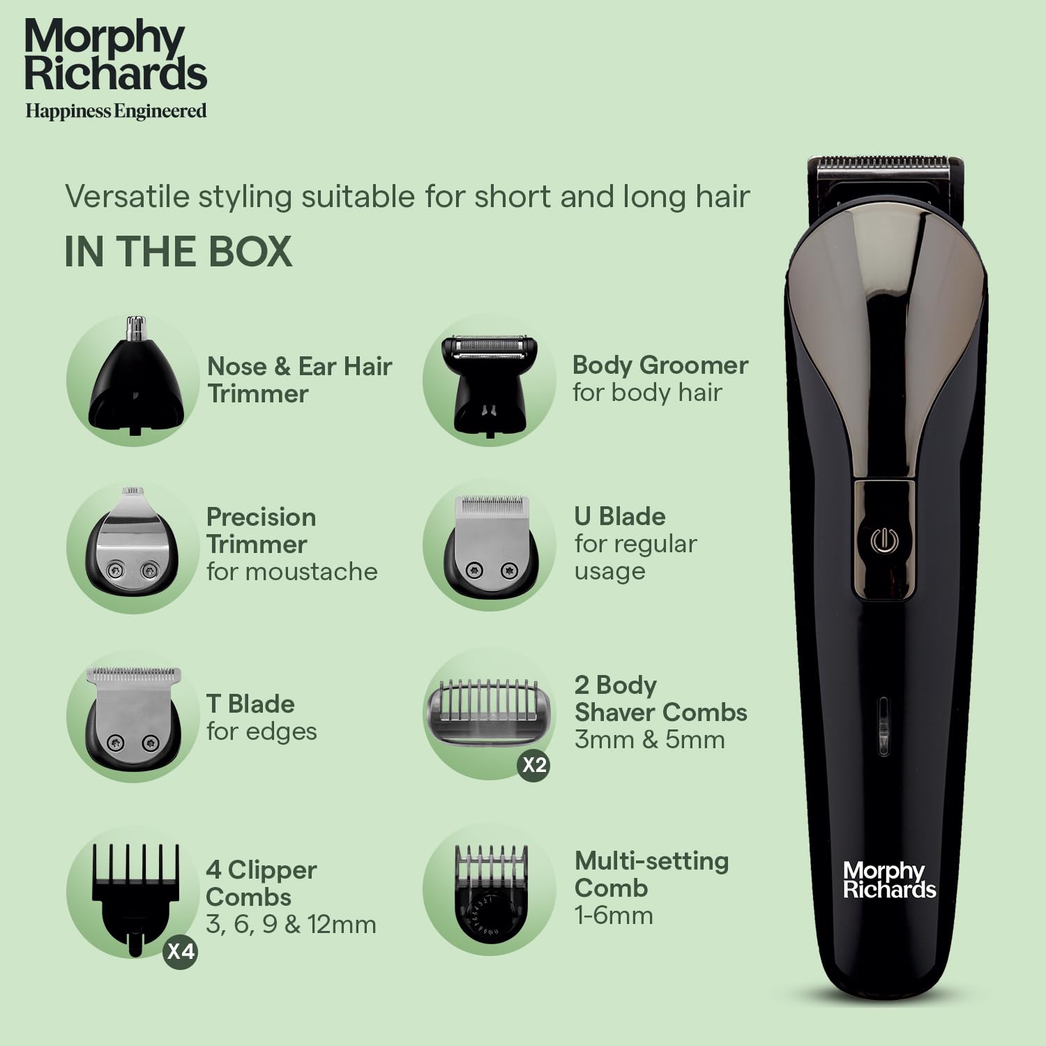 Morphy Richards Kingsman Pro 12-In-1 Grooming Kit For Men| Rechargeable All In One Men Trimmer|5 Face Nose Ear Hair Blades| Nose&Ear Trimmers| Private Part Shaving Body GroomersI2-Yr Warranty,Black