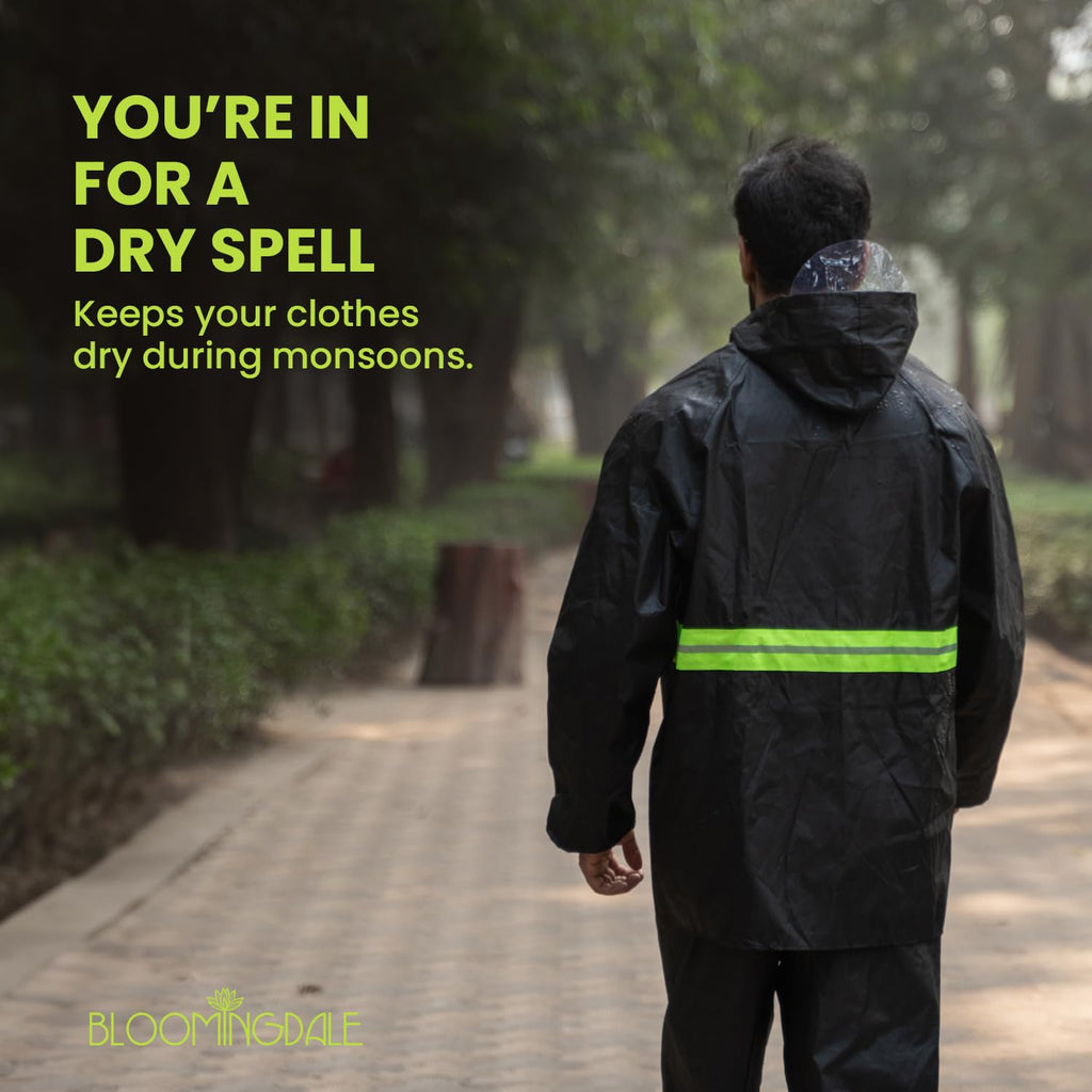 Bloomingdale Rain Coat For Men & Women Waterproof Bike Raincoat For Men With Pant Set Reflective Raincoat For Women, Boys & Girls Adjustable Top And Bottom Rain Coat For Women With Bag - Black