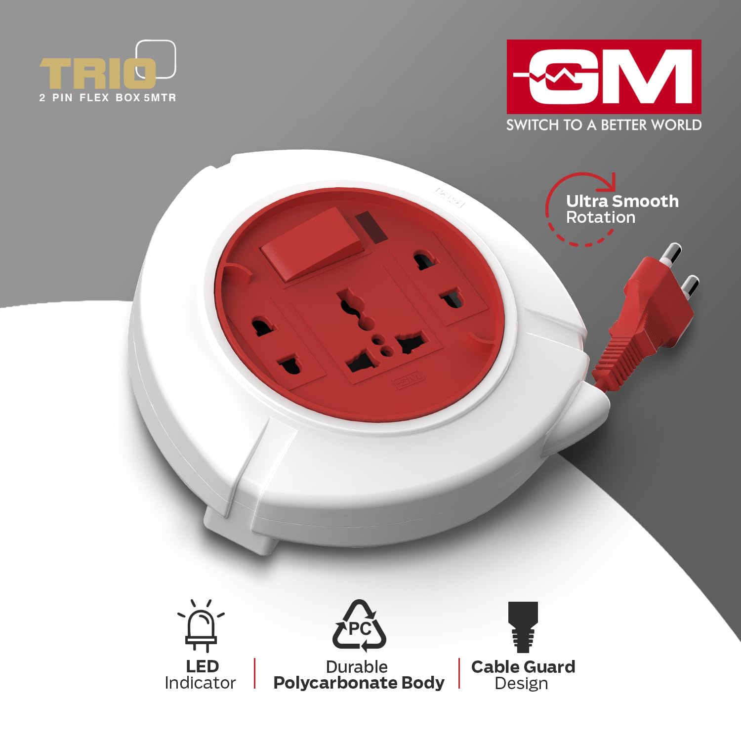 GM 3041 Trio 2-Pin Flex Box with 5M Copper Cord | Universal 3-Pin & 2-Pin Sockets | Master Switch, LED Indicator | Safety Sleeve, Cable Guard, Polycarbonate Body | Home & Office Use