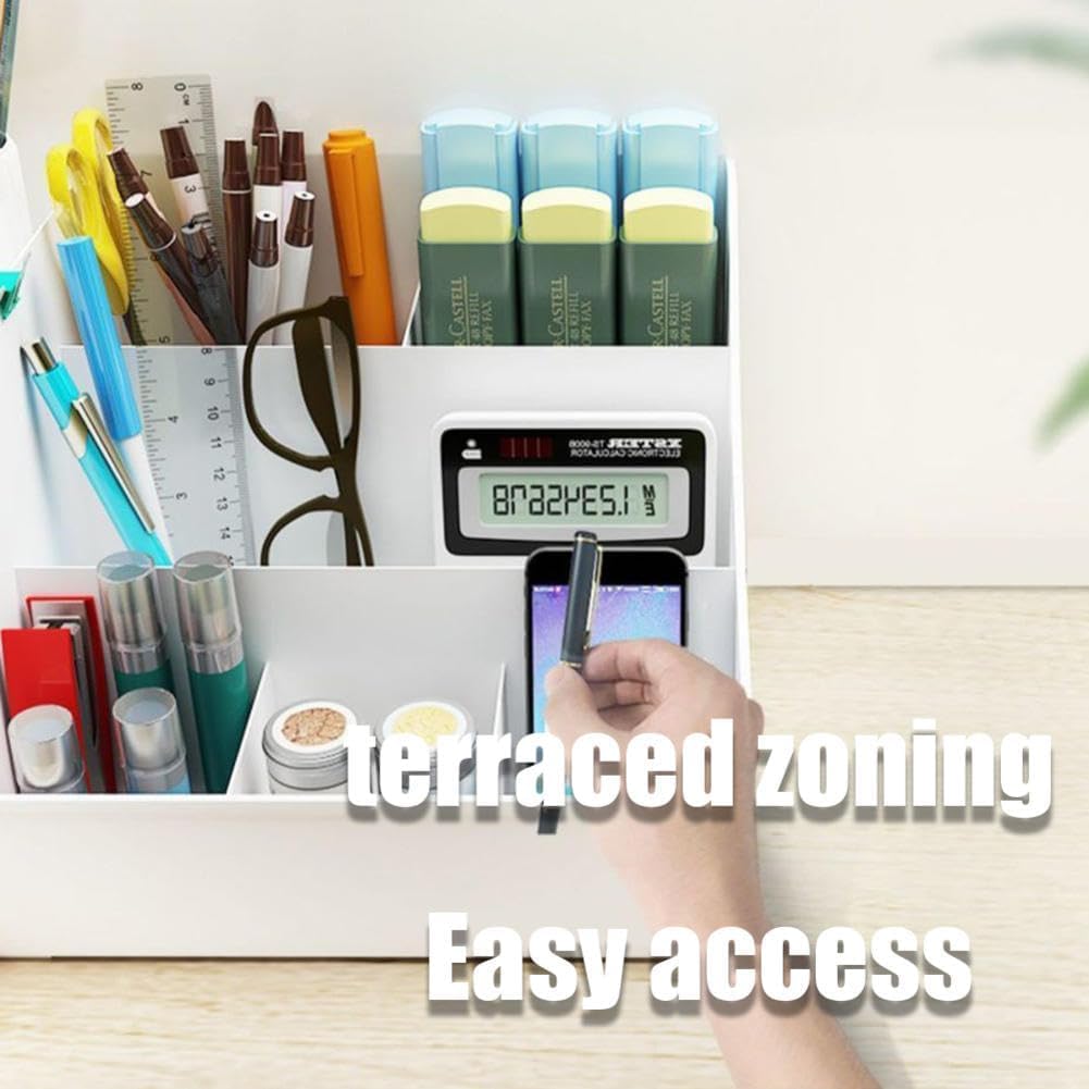 Shuttle Art Office Desk Organizer with Drawer, All in One Office Supplies and Cool Desk Accessories Pen Holder, Enhance Your Decor, Desktop 8-Compartment Laddered Desk Organizer(White)