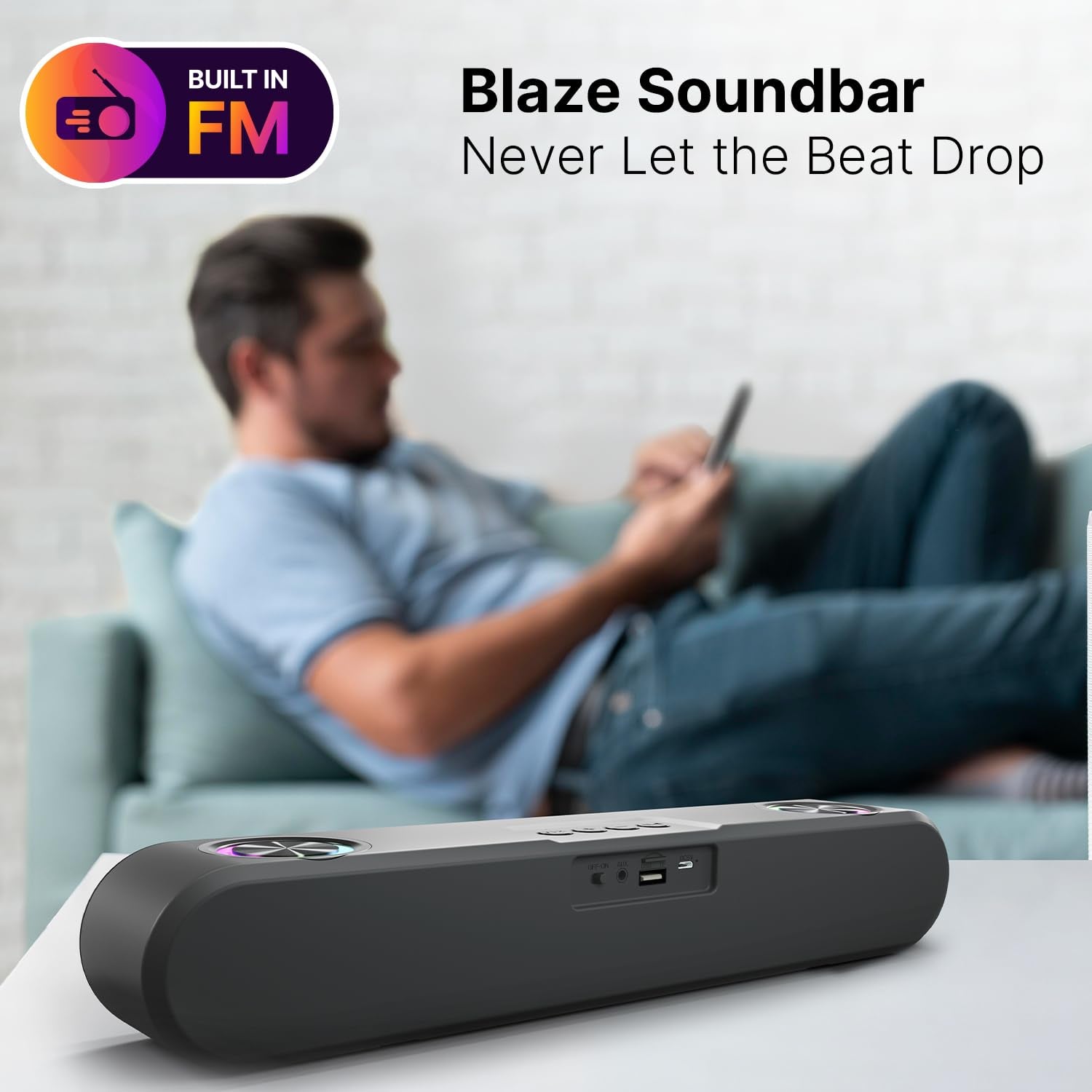 CrossBeats Blaze B24 Bluetooth Soundbar 24W, Gaming RGB Lights, AUX, Bluetooth, USB, FM & TWS I Fast SnapCharge Battery, Multiport Connectivity, BT Speaker for TV, Mobile, PC, Laptops, Tablets Black