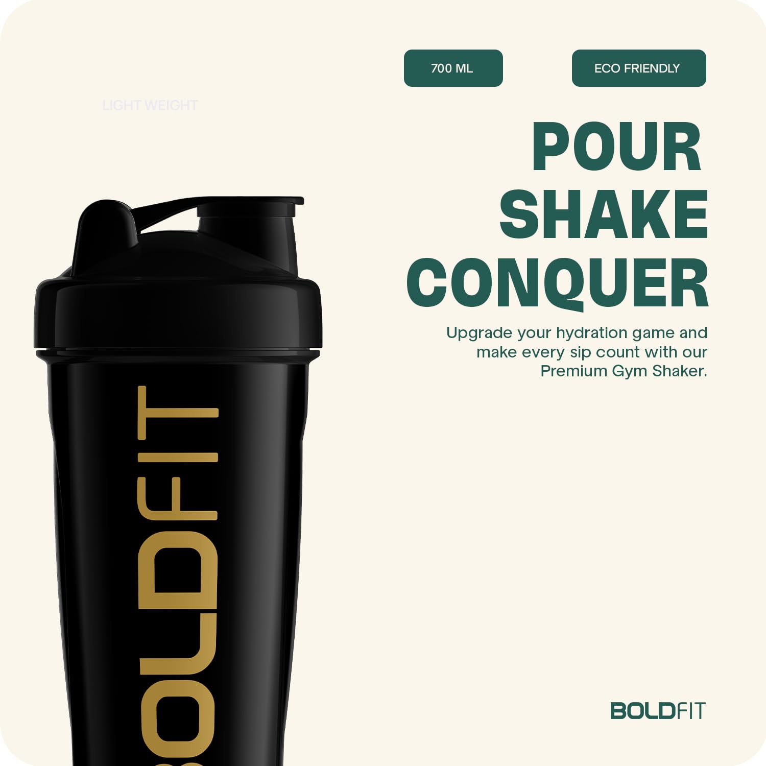Boldfit Bold Gym Shaker Bottle 700ml, Bottles For Protein Shake 100% Leakproof Guarantee Protein Shaker/Sipper, Ideal For Protein, Pre Workout And BCAAs & Water BPA Free Material,Plastic,Black