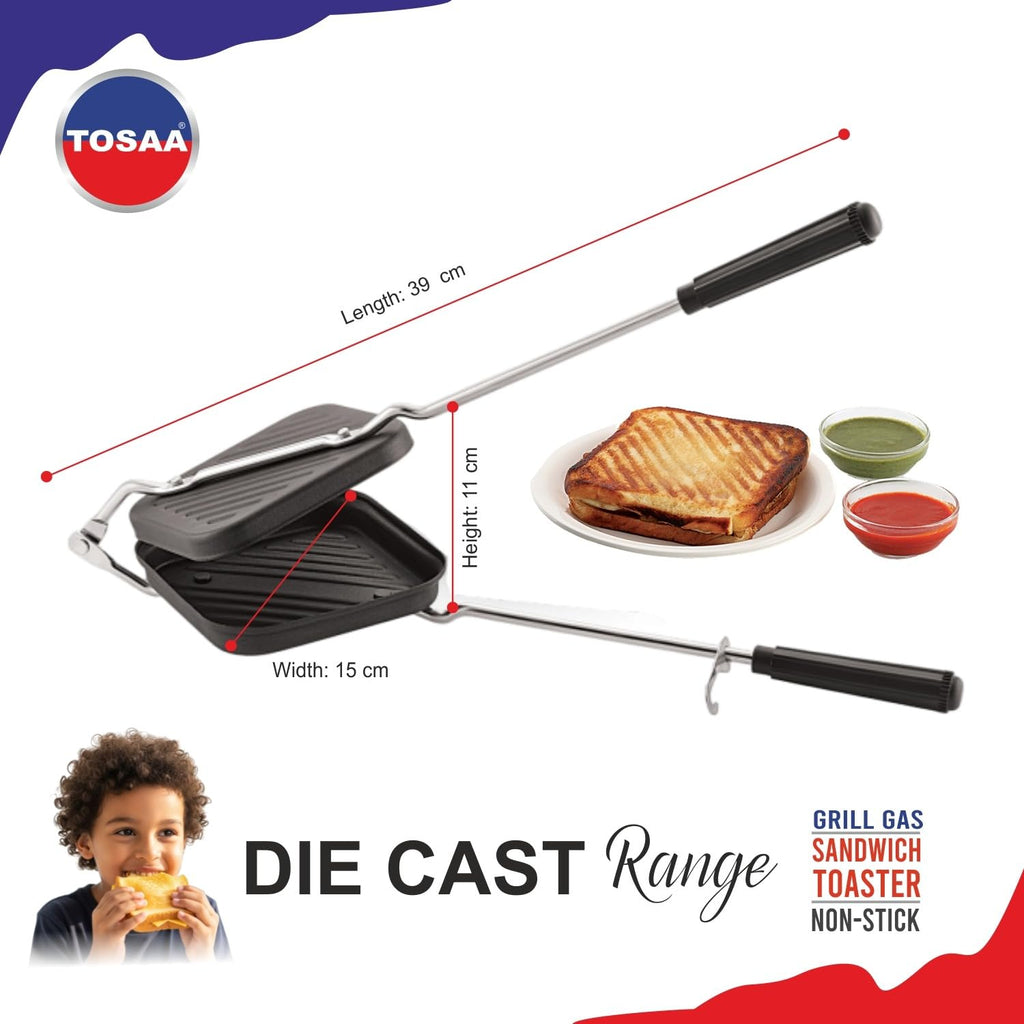 Tosaa Non-Stick Sandwich Toaster for Gas Stove | Grill & Toast Sandwiches in Minutes | Double-Coated Non-Stick | Durable & Easy to Use | Black Sandwich Maker