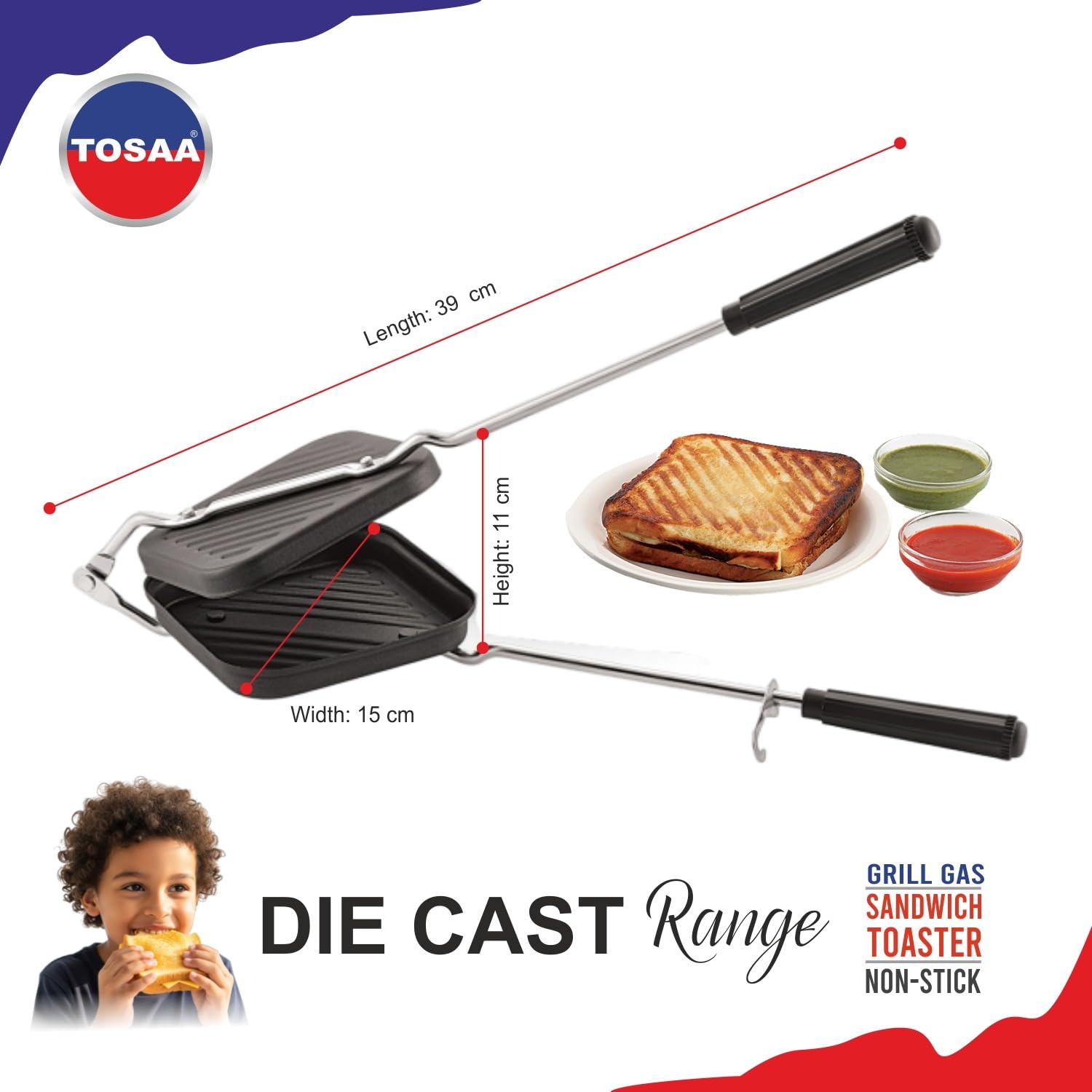 Tosaa Non-Stick Sandwich Toaster for Gas Stove | Grill & Toast Sandwiches in Minutes | Double-Coated Non-Stick | Durable & Easy to Use | Black Sandwich Maker