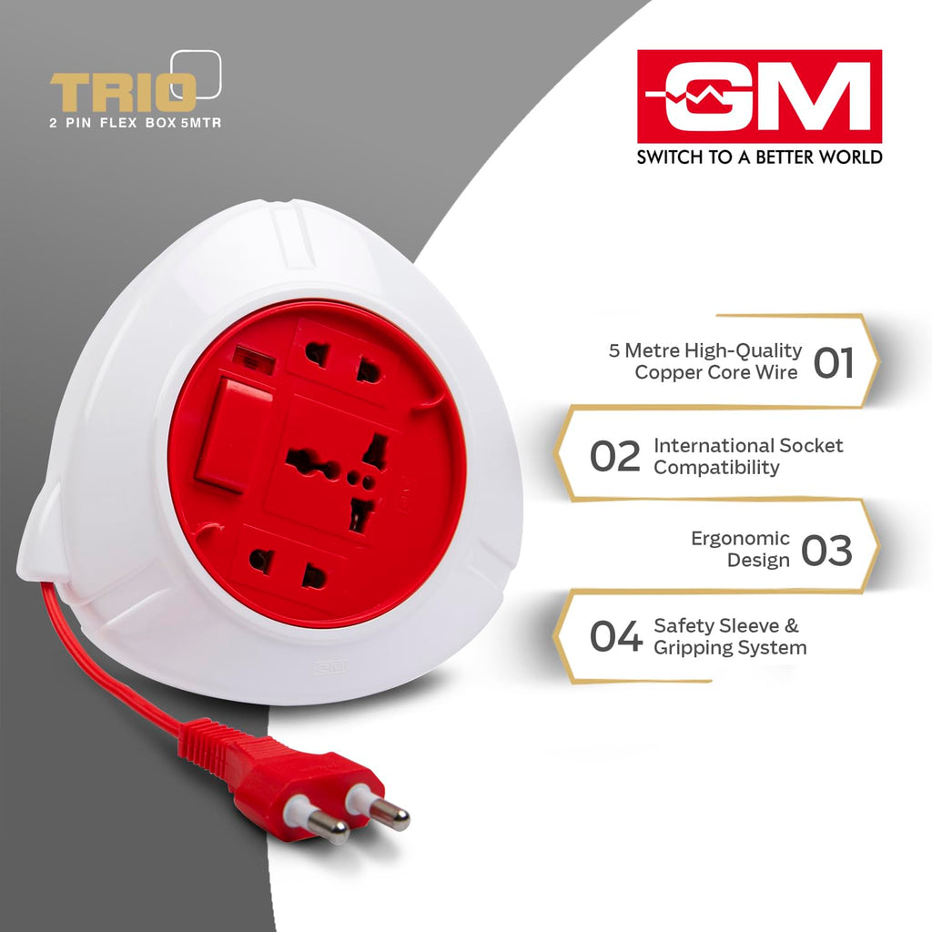 GM 3041 Trio 2-Pin Flex Box with 5M Copper Cord | Universal 3-Pin & 2-Pin Sockets | Master Switch, LED Indicator | Safety Sleeve, Cable Guard, Polycarbonate Body | Home & Office Use