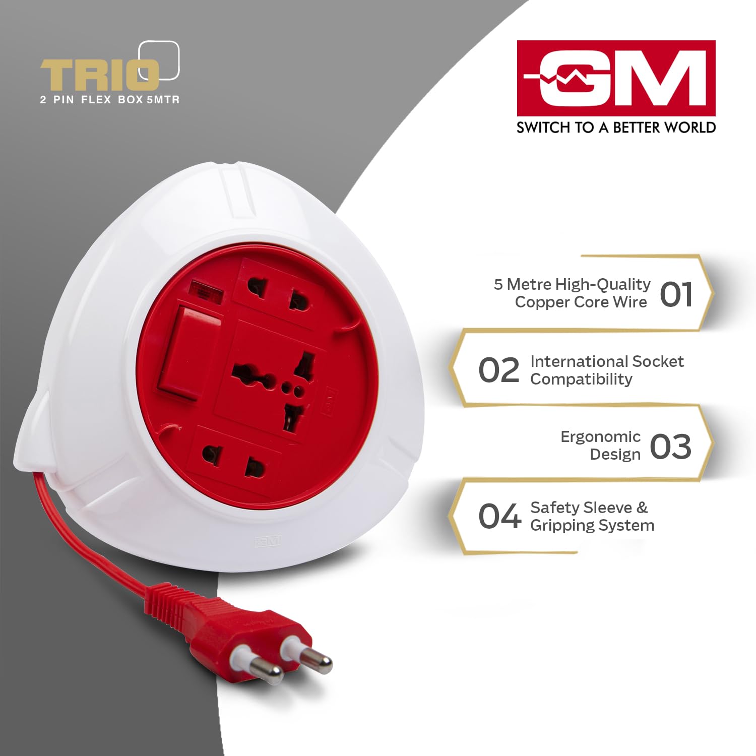 GM 3041 Trio 2-Pin Flex Box with 5M Copper Cord | Universal 3-Pin & 2-Pin Sockets | Master Switch, LED Indicator | Safety Sleeve, Cable Guard, Polycarbonate Body | Home & Office Use