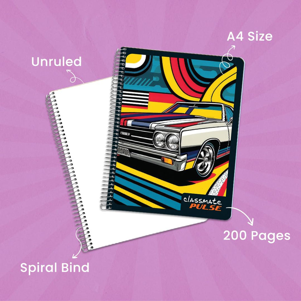 Classmate Pulse Single Subject Spiral Notebook - Pack of 4 | Unruled | 200 Pages | 24.0cm x 18.0cm | Attractive Cover Designs | Soft Cover |Notebooks for College Students