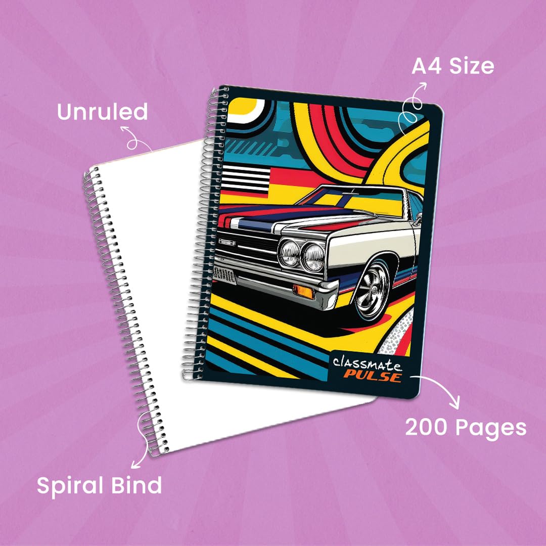 Classmate Pulse Single Subject Spiral Notebook - Pack of 4 | Unruled | 200 Pages | 24.0cm x 18.0cm | Attractive Cover Designs | Soft Cover |Notebooks for College Students
