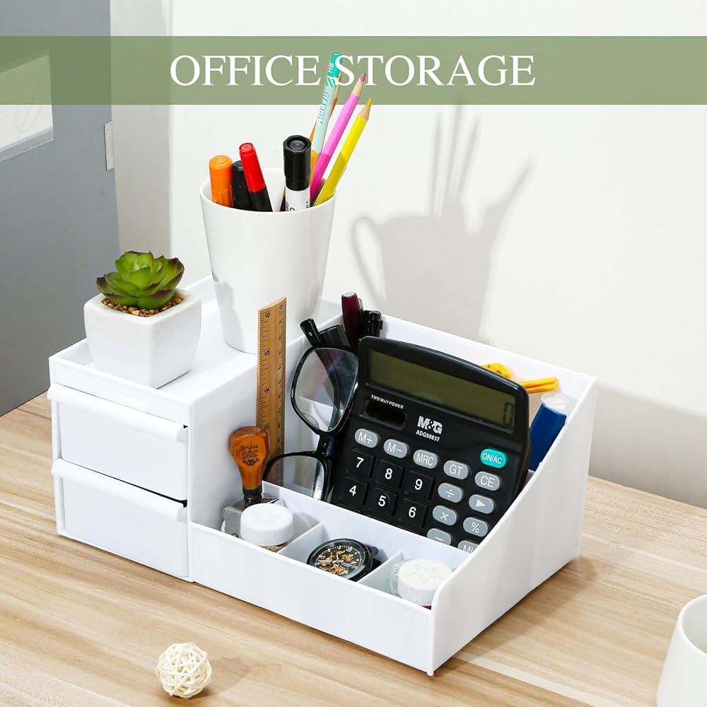 Shuttle Art Office Desk Organizer with Drawer, All in One Office Supplies and Cool Desk Accessories Pen Holder, Enhance Your Decor, Desktop 8-Compartment Laddered Desk Organizer(White)