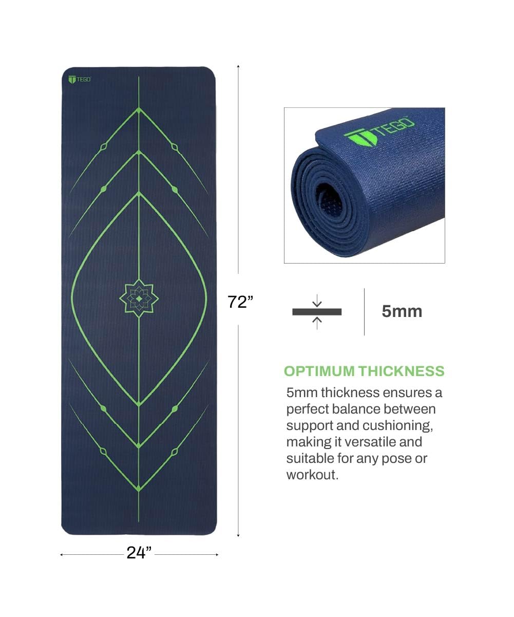 TEGO Stance Yoga Mat with GuideAlign for Posture Alignment (Blue Green Without Bag) | Reversible Design with Dual Texture Grip | 5mm Thick | Antimicrobial, Non-Slip, Sweat-Resistant | 6ft x 2ft | Yoga & Fitness Mat | Shoe-friendly Workout Mat