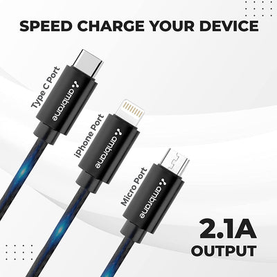 Ambrane Unbreakable 3 in 1 USB Fast Charging USB Cable with Type C, Lightning, Micro USB Port with 2.1 A, Compatible with iPhone, iPad, Samsung, OnePlus, Mi, Oppo, Vivo, Xiaomi, 1.25M (Trio-11, Black)