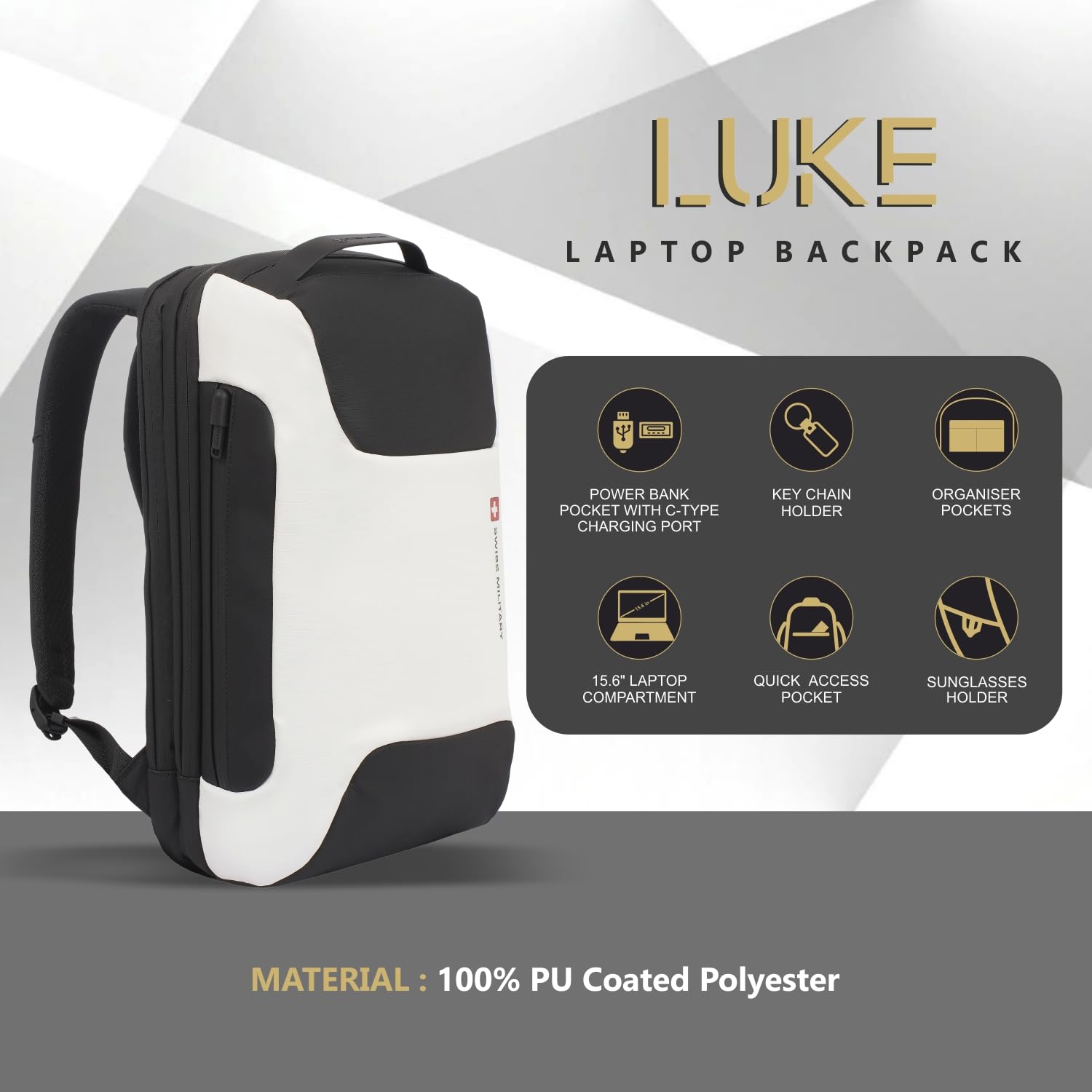 Swiss Military LUKE 23L 15.6" Laptop Backpack for Men & Women, Polyester, Padded Laptop & iPad Compartment, USB A & C Charging Port, TSA Lock, Multiple Quick Access Pockets, Keychain Holder