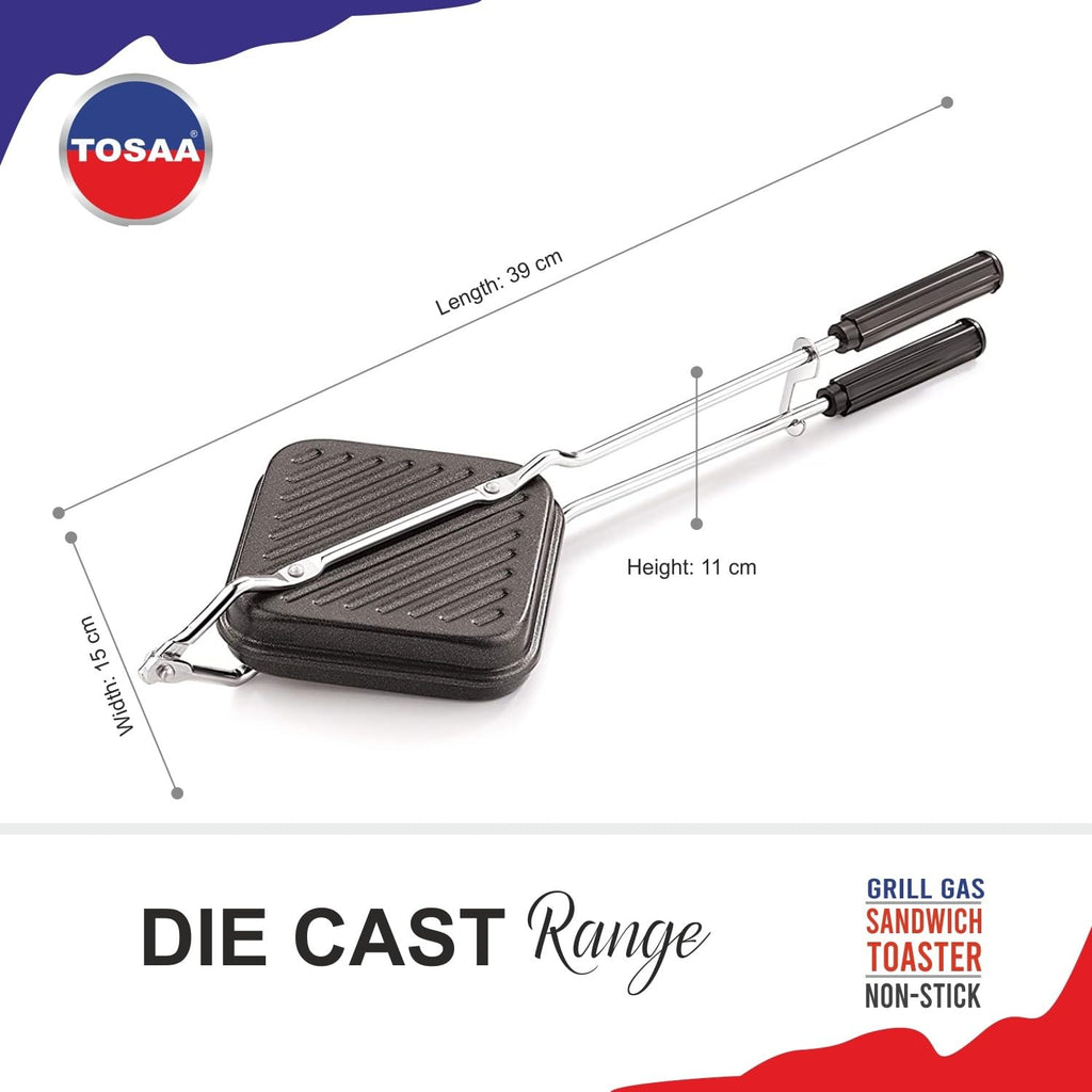 Tosaa Non-Stick Sandwich Toaster for Gas Stove | Grill & Toast Sandwiches in Minutes | Double-Coated Non-Stick | Durable & Easy to Use | Black Sandwich Maker